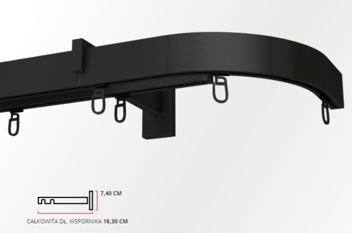 Karnisz podwójny, ścienny, czarny 440cm z łukiem